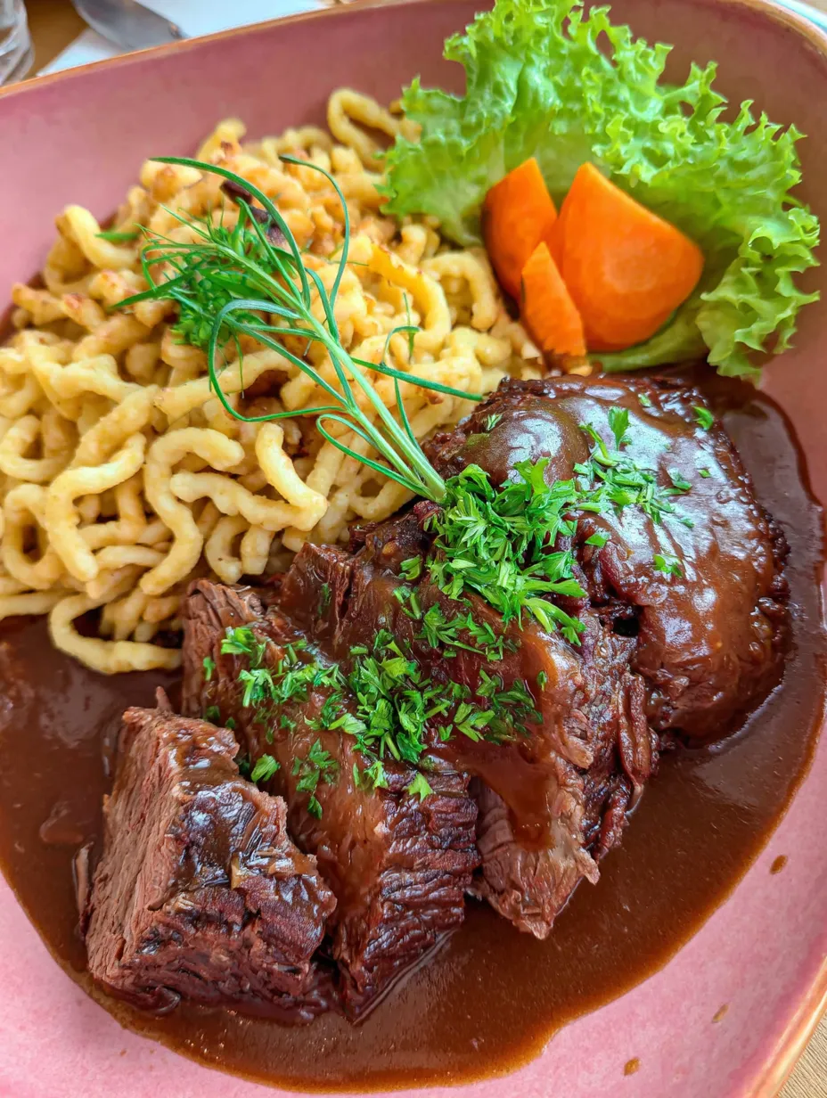 Ein Teller mit Rindfleisch, Kartoffeln, Zwiebeln und Karotten.