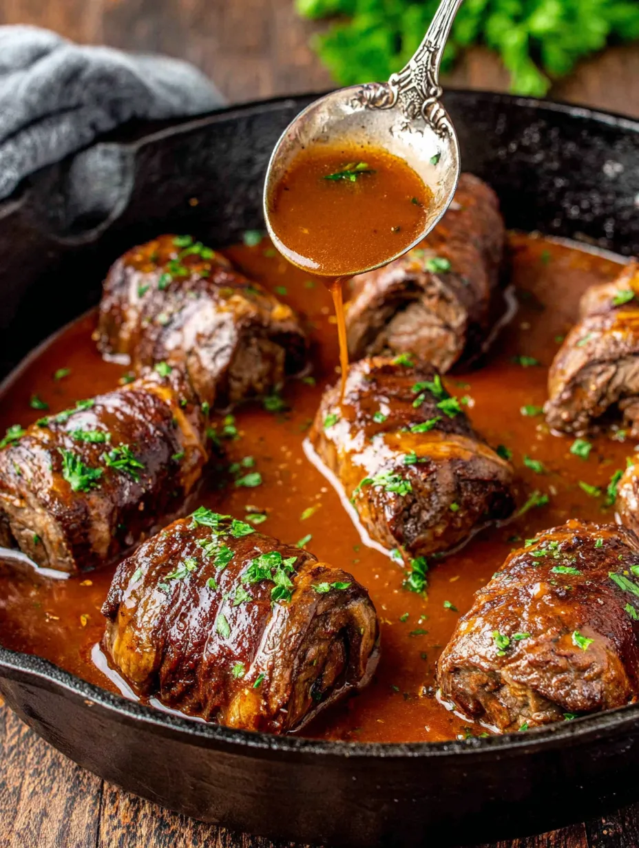 Ein Schmelztopf mit Rindfleisch in einer Sauce.