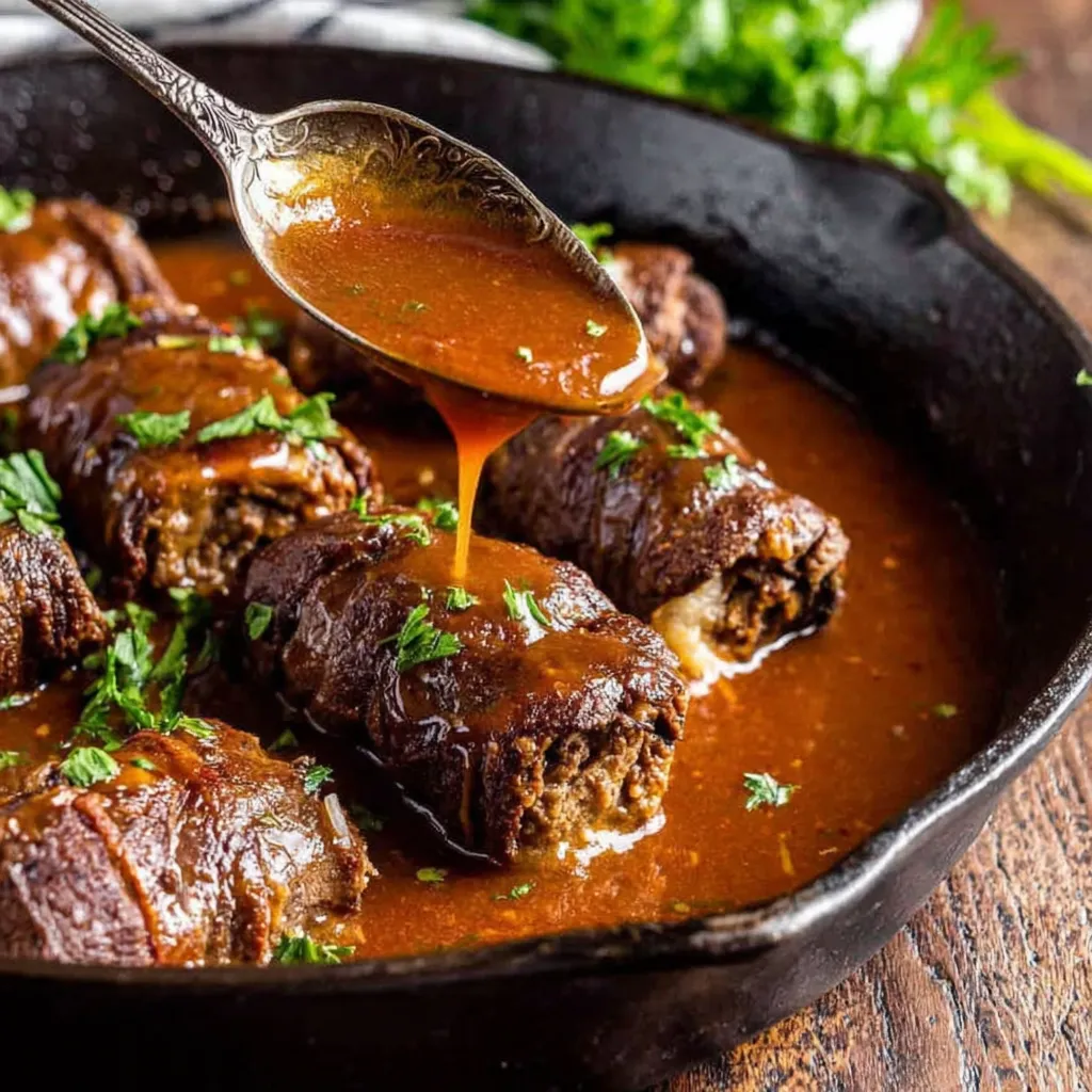 Ein Schmelztiegel mit Fleisch, Sauce und Zwiebeln.