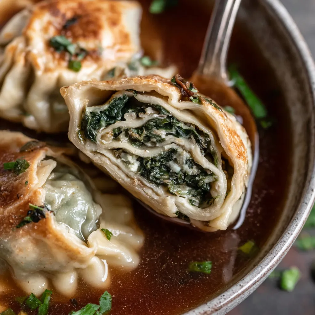 Ein Becher mit Suppe und zwei gegrillte, mit Spinat gefüllte Teigtaschen.