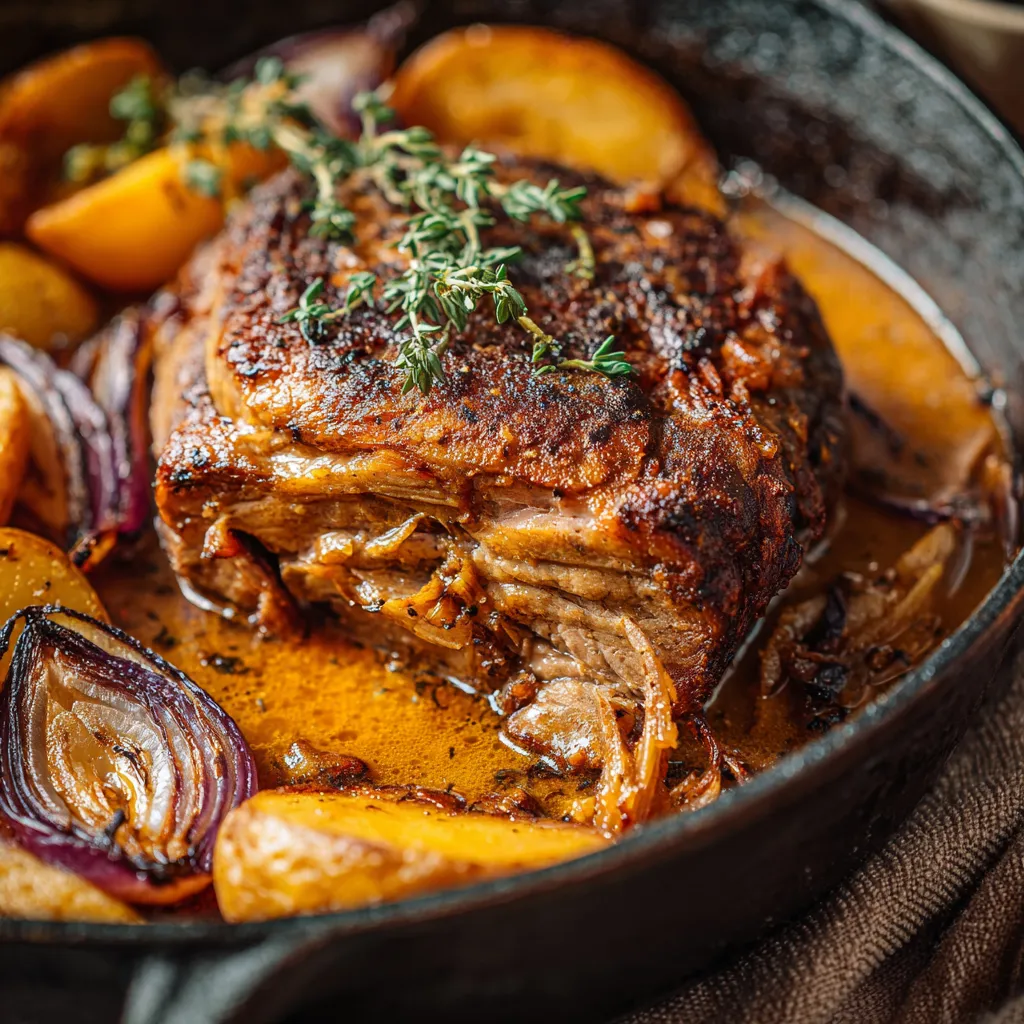 Ein Schmorbraten mit Zwiebeln und Kräutern in einem Topf.