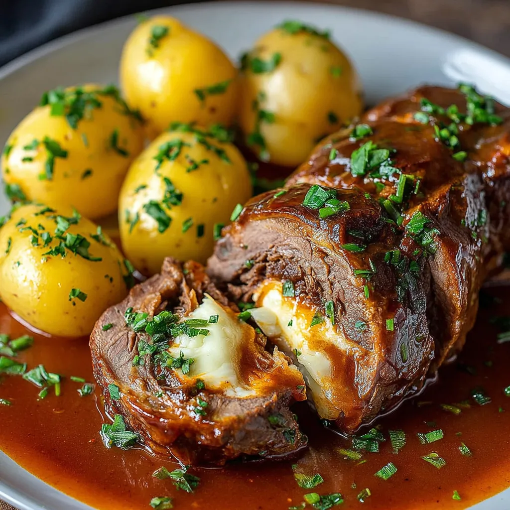 Ein Plate mit gegrilltem Fleisch, Kartoffeln und Zwiebeln.