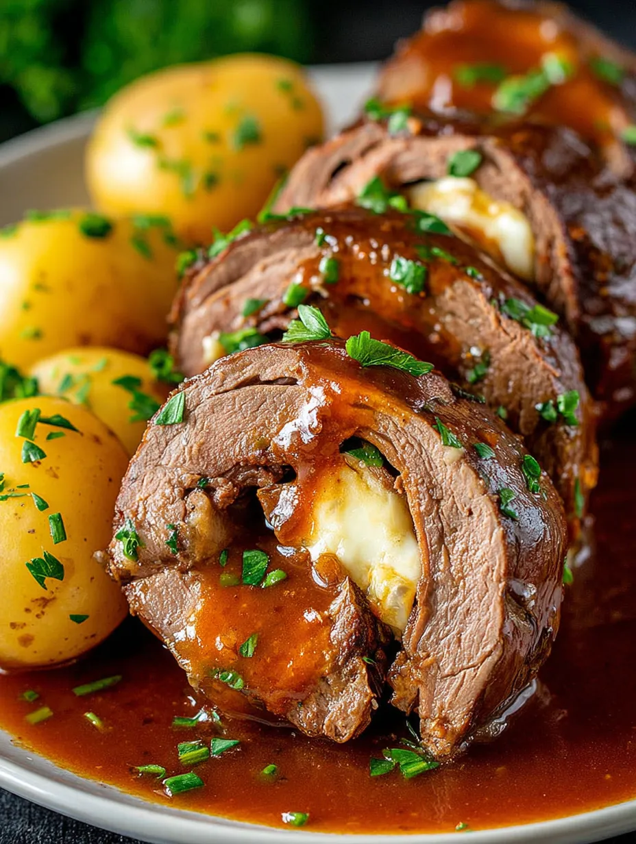 Eine Platte mit Rindfleisch, Kartoffeln und Sauce.
