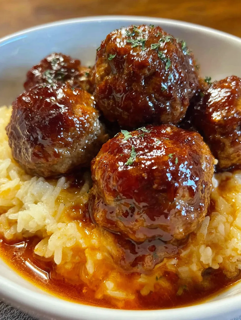 Ein weißer Teller mit einer Mischung aus Rice und Meatballs.