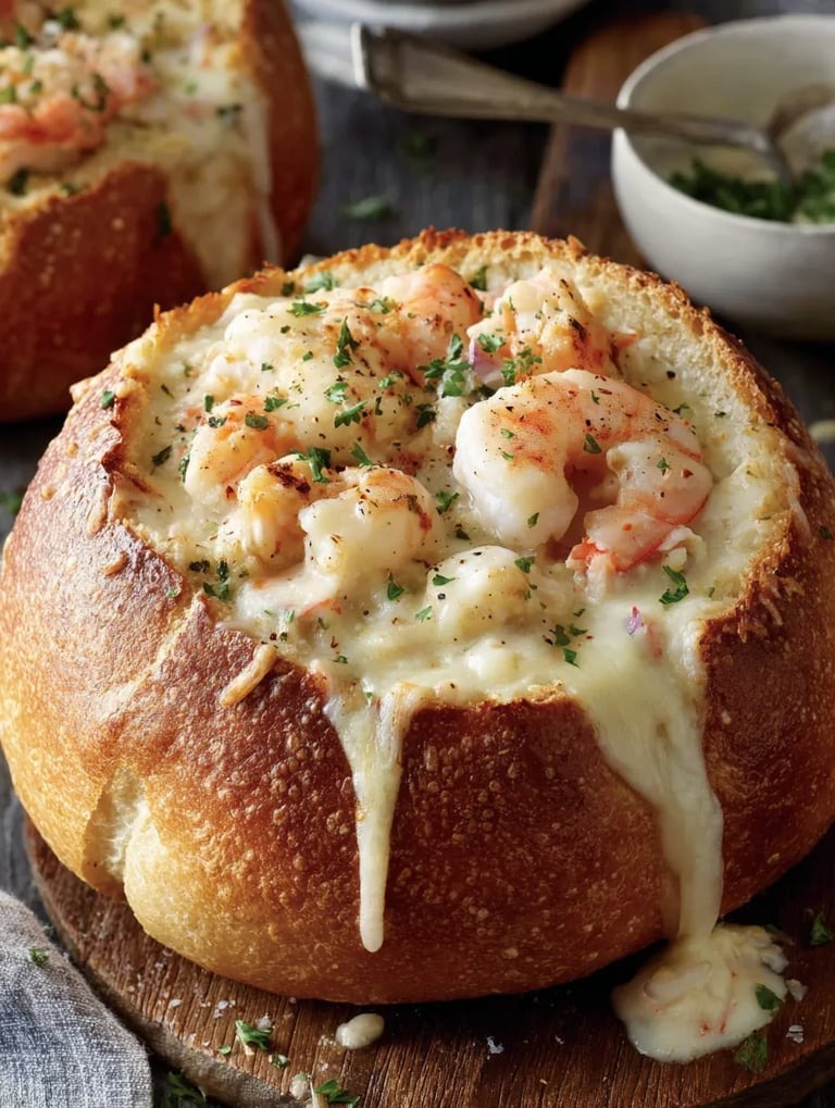 Ein Baguette mit Shrimp-Creme auf einem Tisch.