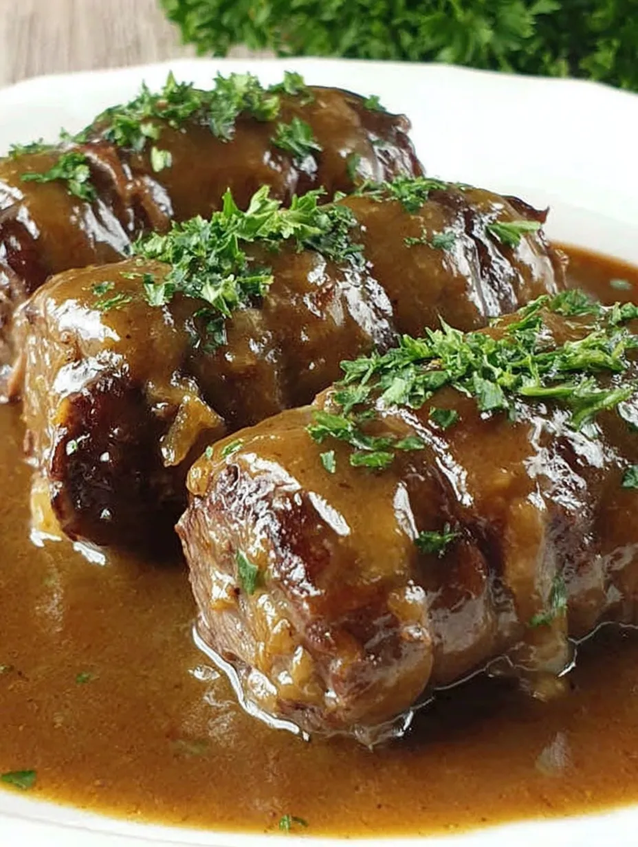 Zwei Stücke Fleisch in einer Sauce auf einem Teller.