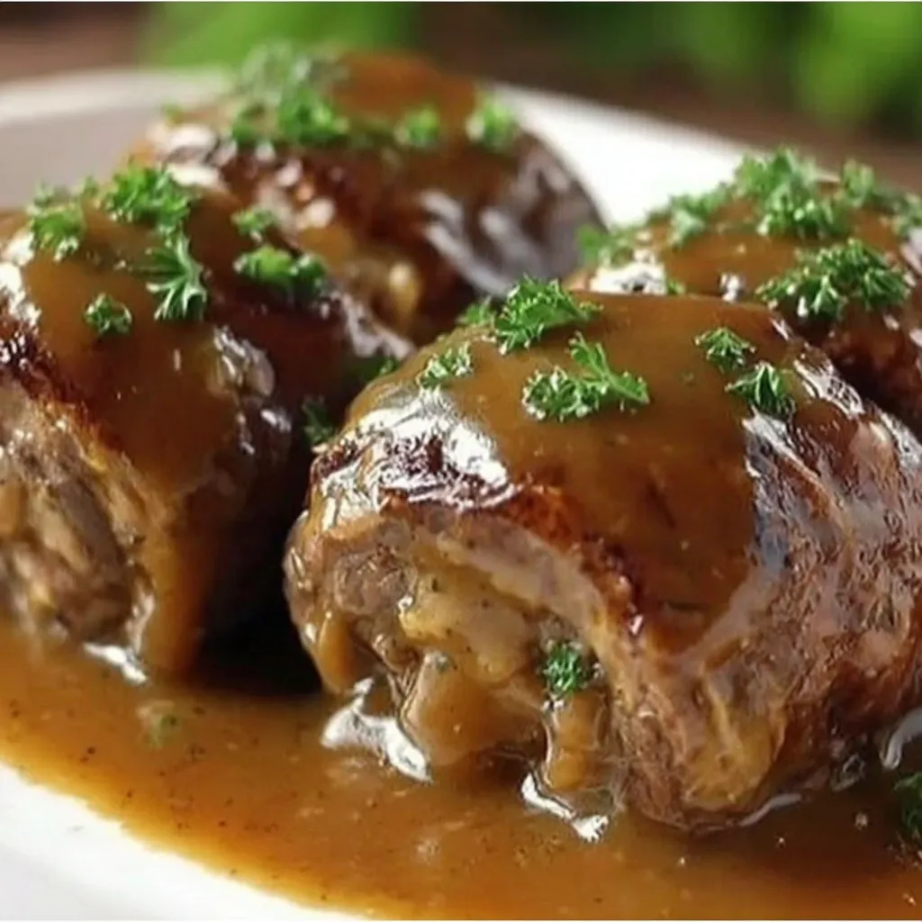 Ein weißer Teller mit vier gegrillten Steaks, die mit Sauce bedeckt sind.