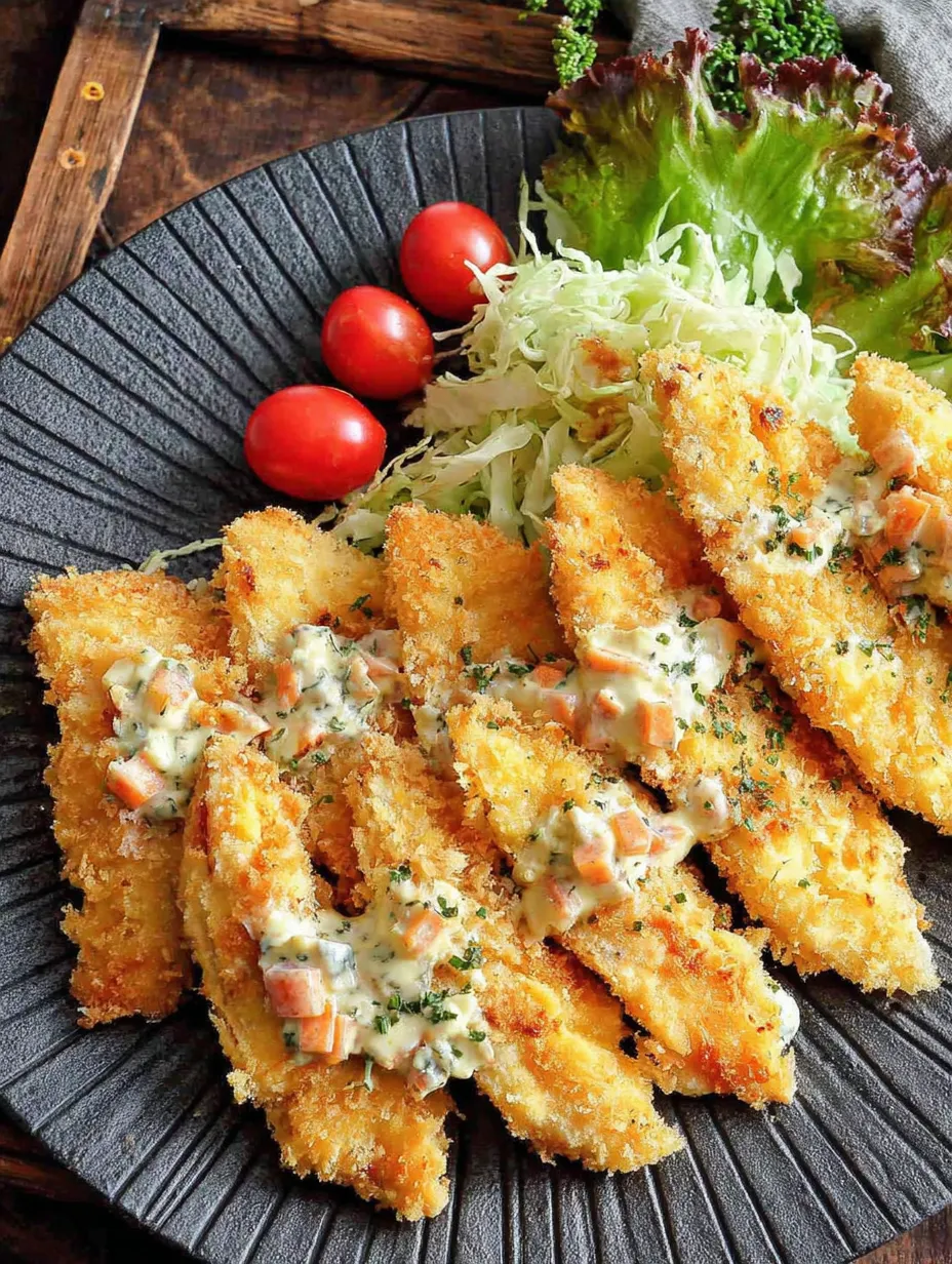 Ein Plate mit frisch zubereiteten Fischsticks, die mit Tomaten und Salat garniert sind.