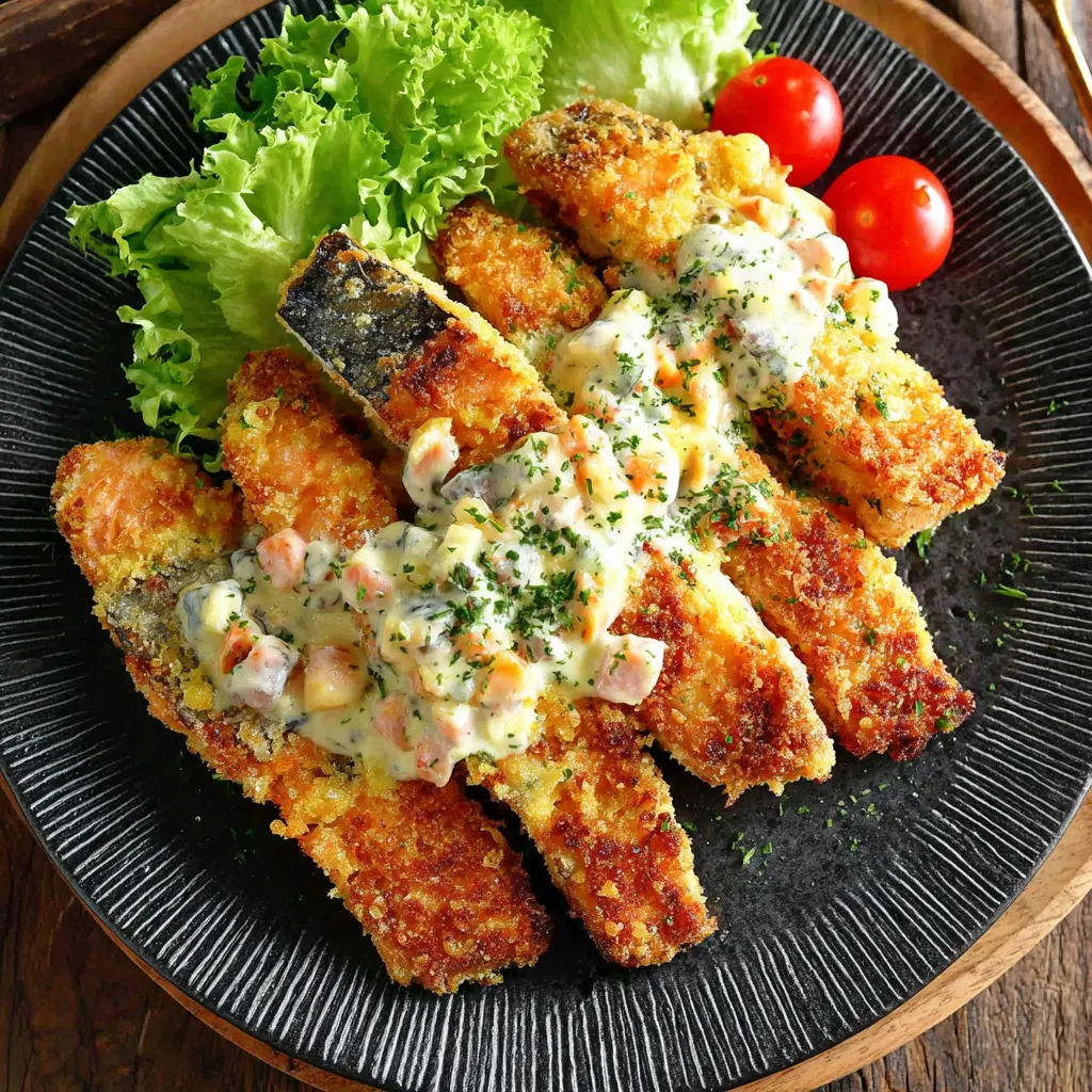 Ein Plate mit gegrillten Fischstücken und einer Sauce darauf.