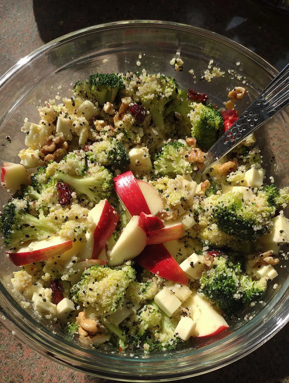 Ein Glas mit einer Mischung aus Kartoffeln, Nüssen, Broccoli, Apples und Zwiebeln.