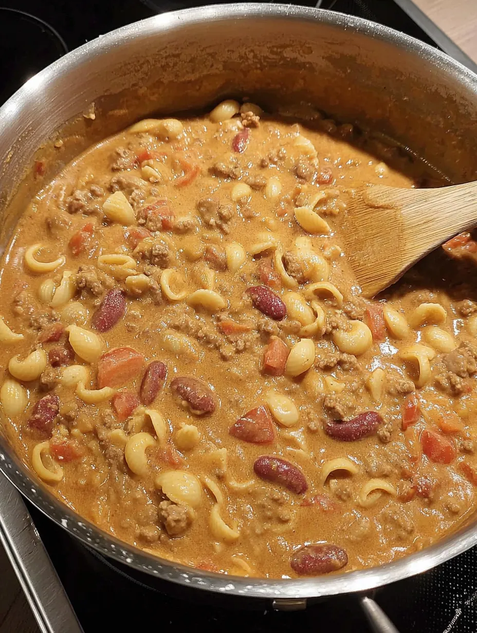 Eine Schüssel mit einer Mischung aus Macaroni, Kartoffeln, Tomaten, Beans und Rindfleisch.