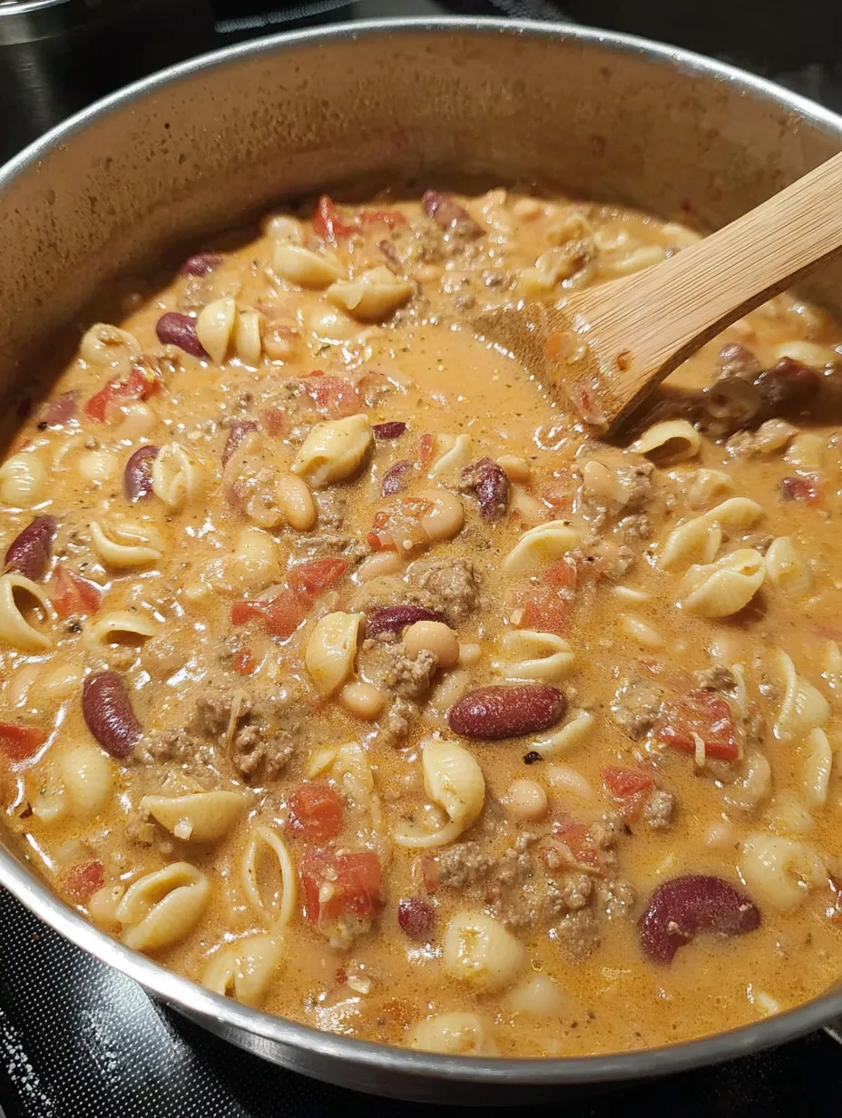 Ein Topf mit macaroni und käse, der mit einer Löffel in der Mitte gereicht wird.