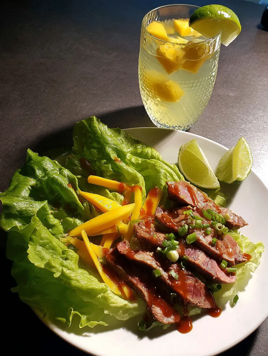 Ein gegrilltes Steak mit Sauce auf einer Platte, umgeben von Salat und frischem Zitronenwasser.