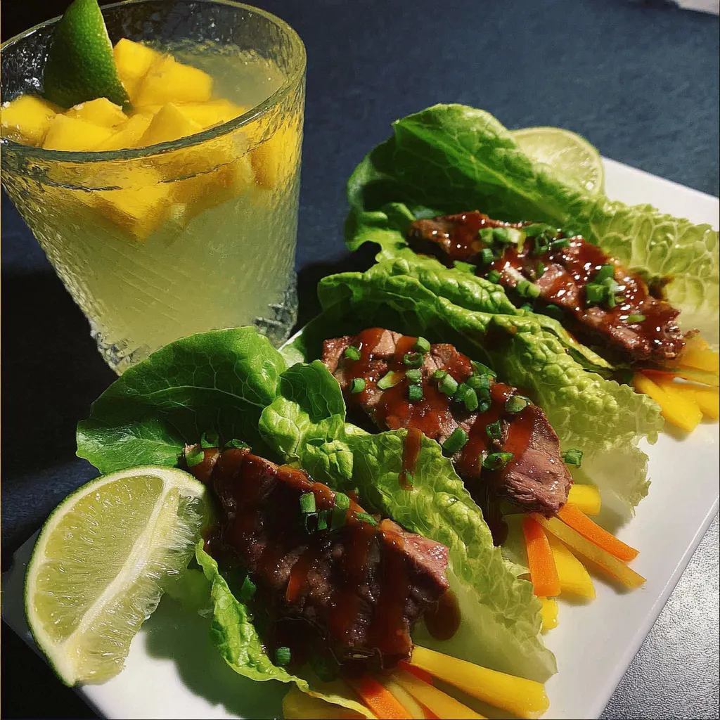 Eine Tasse mit Pineapple-Saft und eine Garnitur mit Lettuce und Pork-Wraps auf einem Teller.