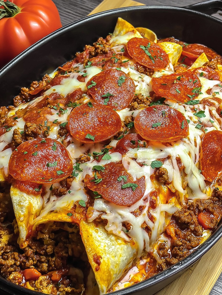 Ein Schmelztopf mit Pizza, Tomaten und Rindfleisch.