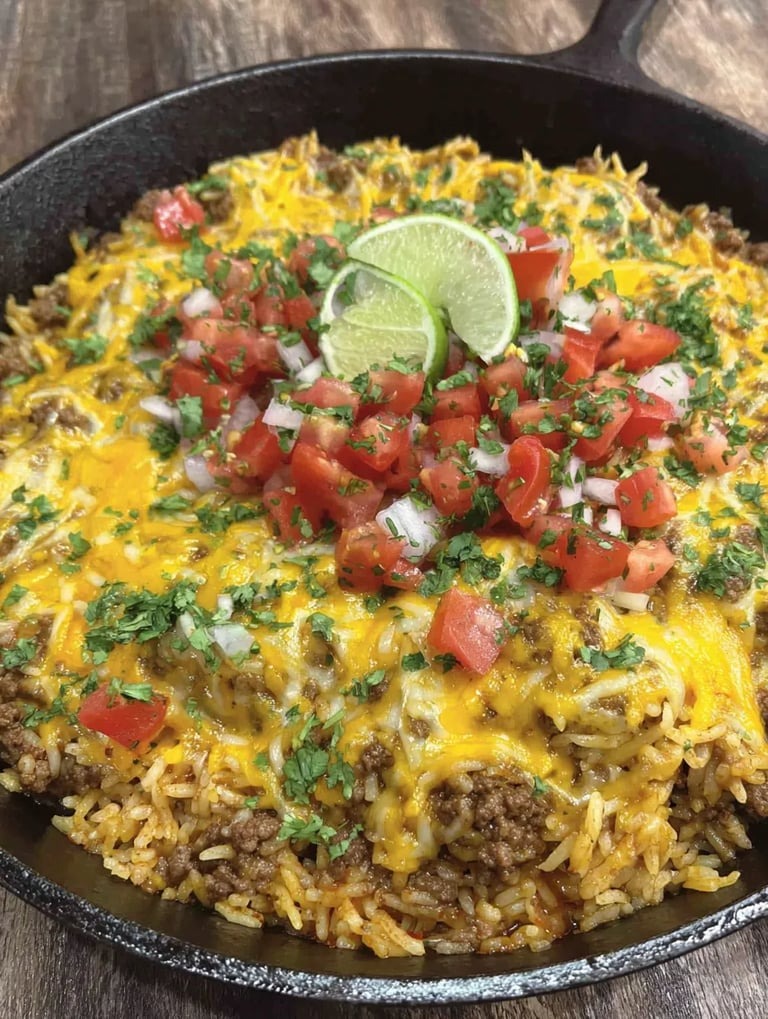 Eine Schüssel mit einer Mischung aus Käse, Tomaten, Lime und Rice.