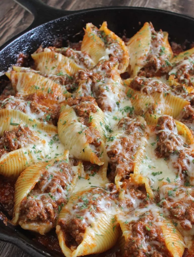 Eine Schüssel mit Penne-Auflauf, die mit Käse, Sauce und Fleisch garniert sind.