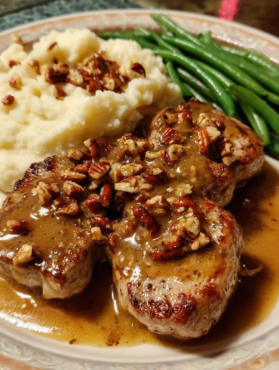 Eine Tafel mit gegrillten Steaks, die mit Nüssen und einer Soße garniert sind.