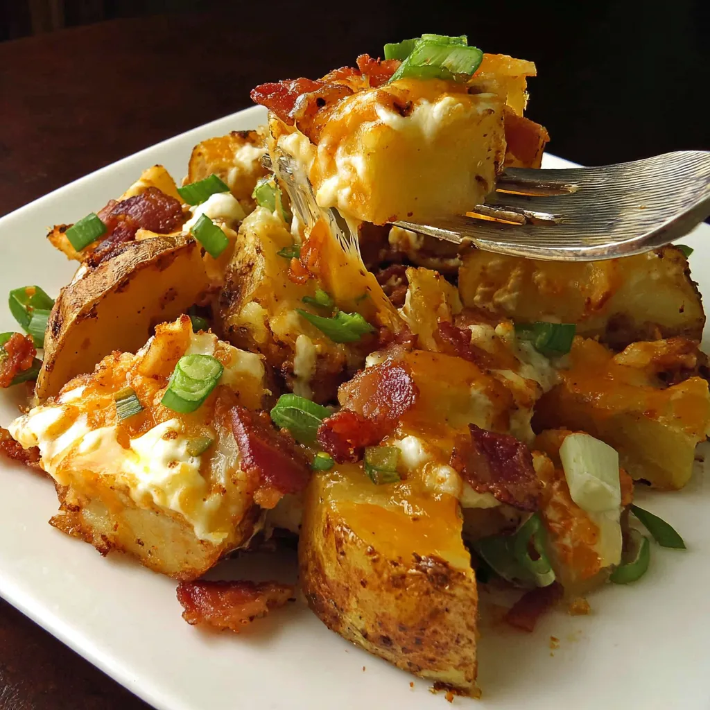 Eine Platte mit frisch zubereiteten Bacon-Potatoes, die in einem Topf auf einem Tisch serviert werden.