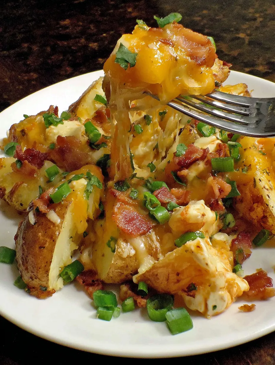 Eine Platte mit Bacon, Kartoffeln und Sauce.