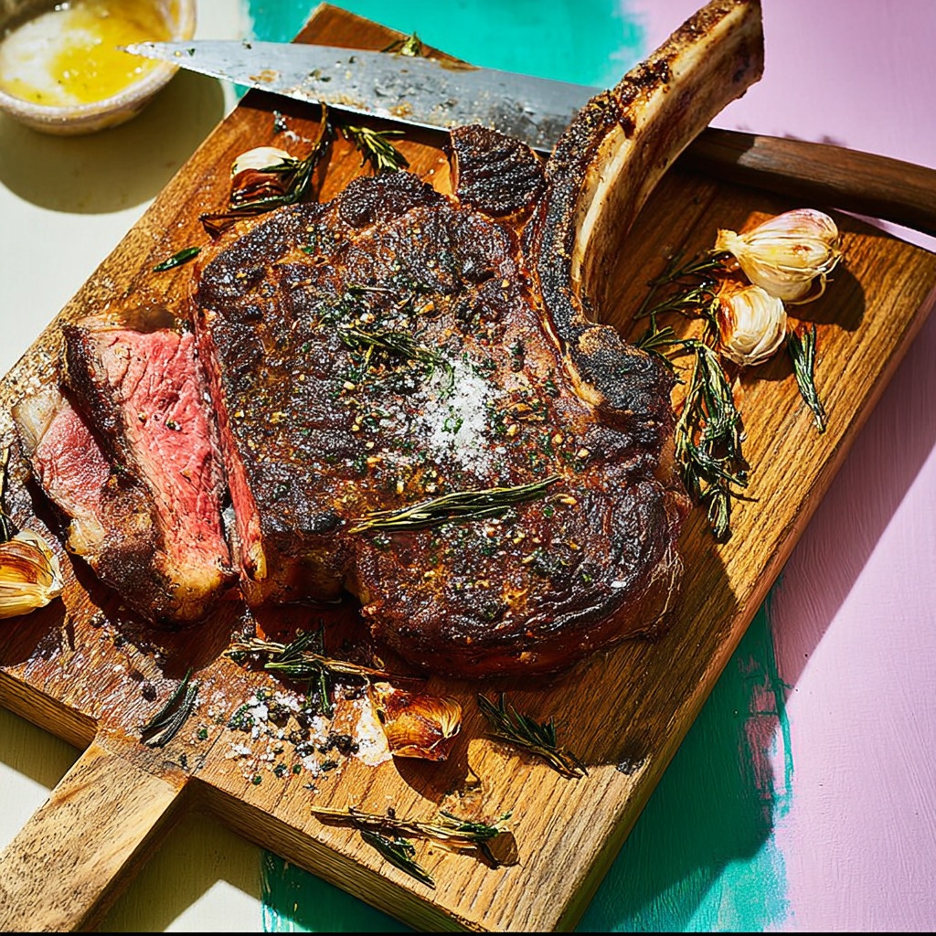 Ein großes Steak auf einem Holzbrett, das mit Salz und Pfeffer besetzt ist.