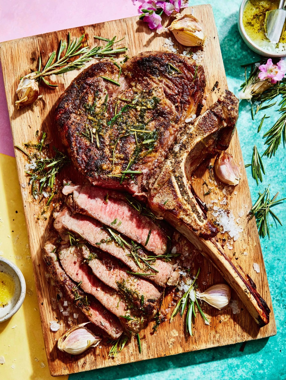 Ein großes Stück Rindfleisch auf einem Holzblock, mit vielen Zweigen darüber.