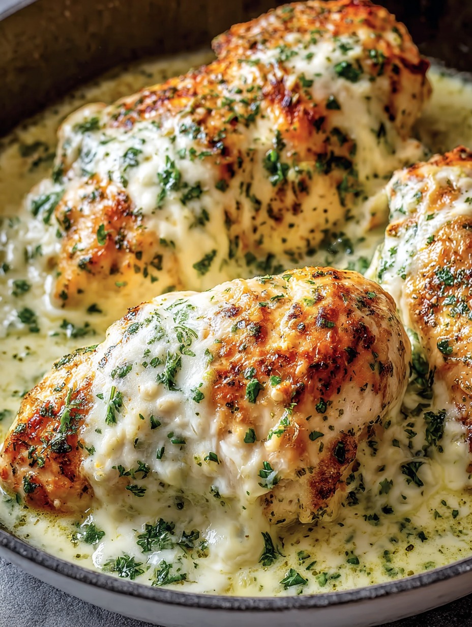 Ein Bild von gegrillten Chicken-Brustchen, die in einer cremigen Sauce mit Parsley und Zwiebeln serviert werden.