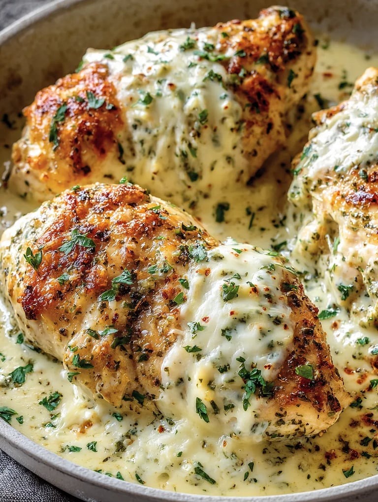 Chicken mit Sauce und Zwiebeln.
