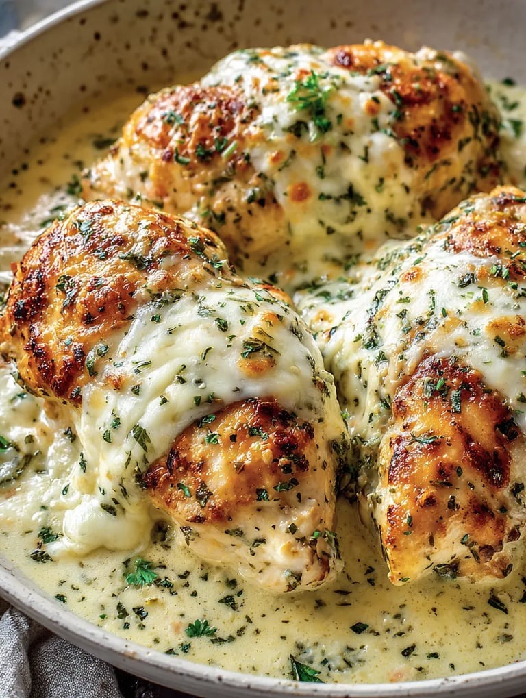 Ein Bild von Chicken mit Sauce und Kräutern.
