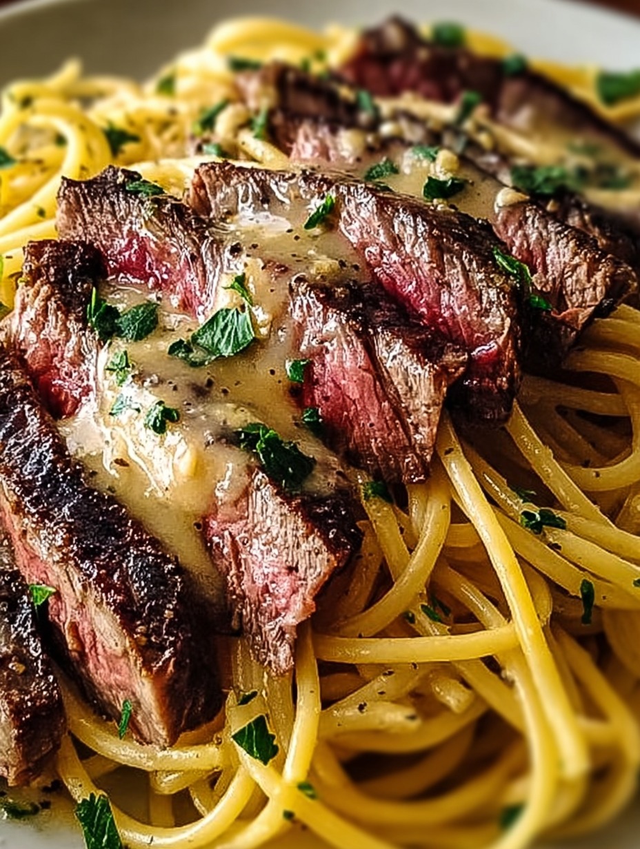Eine Schüssel mit Spaghetti und steak, garniert mit Parsley.
