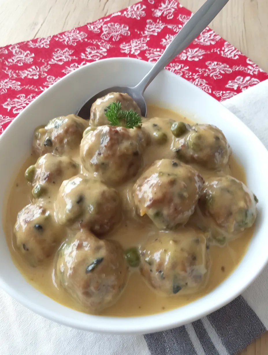 A bowl of meatballs in a creamy sauce.