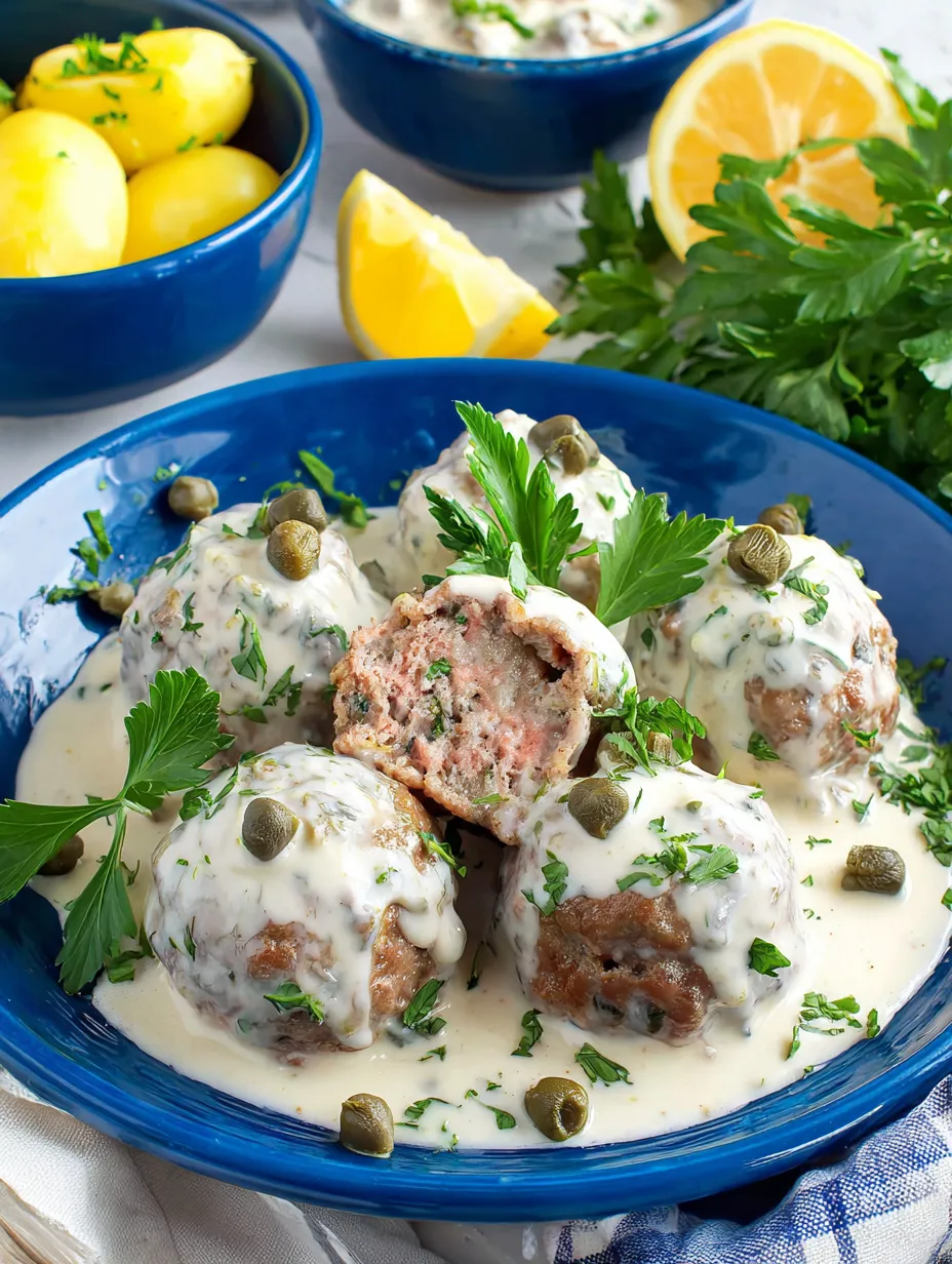 Ein Plate mit garnierten Fleischballen und Zitronen.