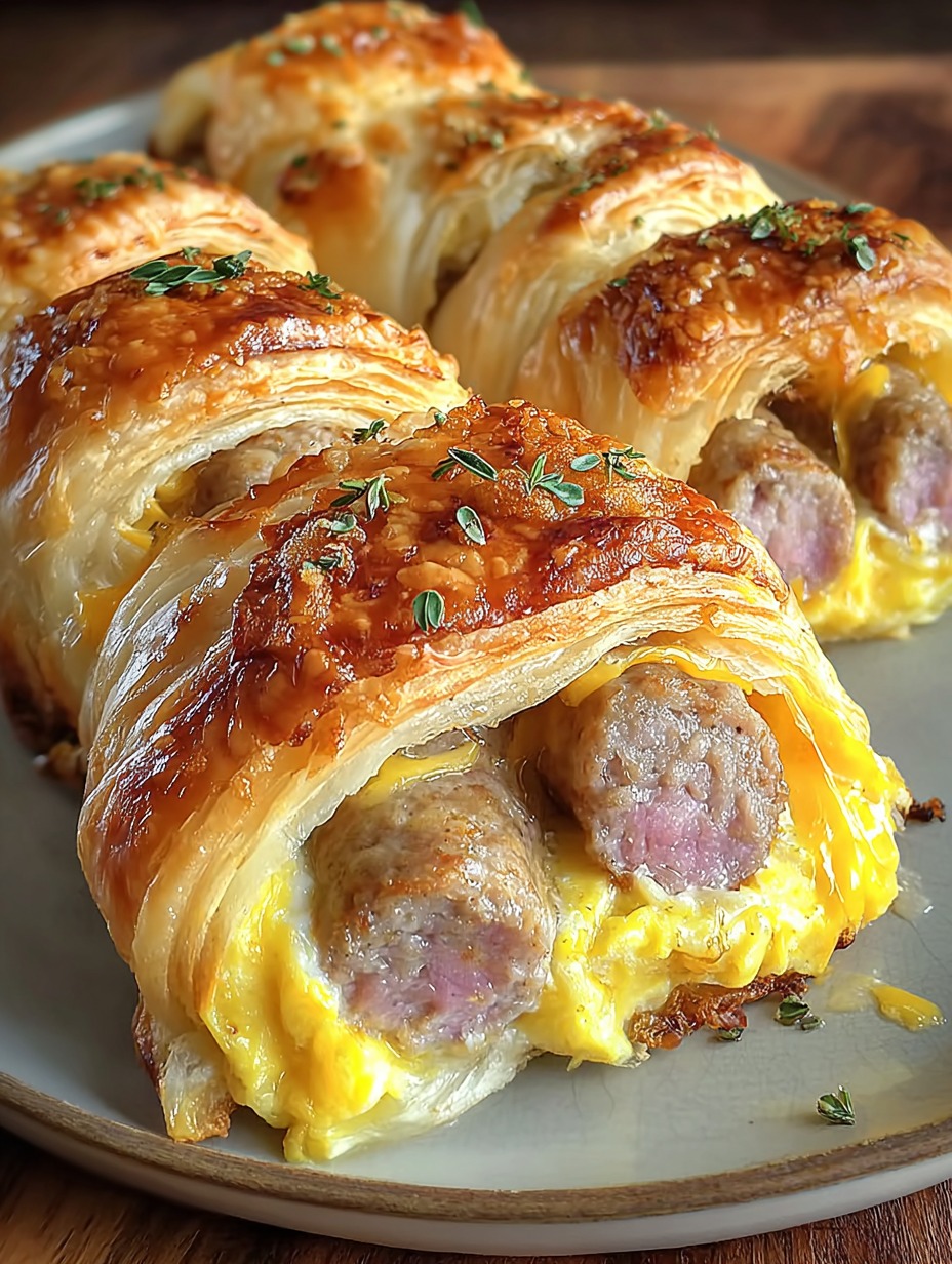 Ein weißer Teller mit zwei weißen Croissants, die mit Sausage und Eiern gefüllt sind.