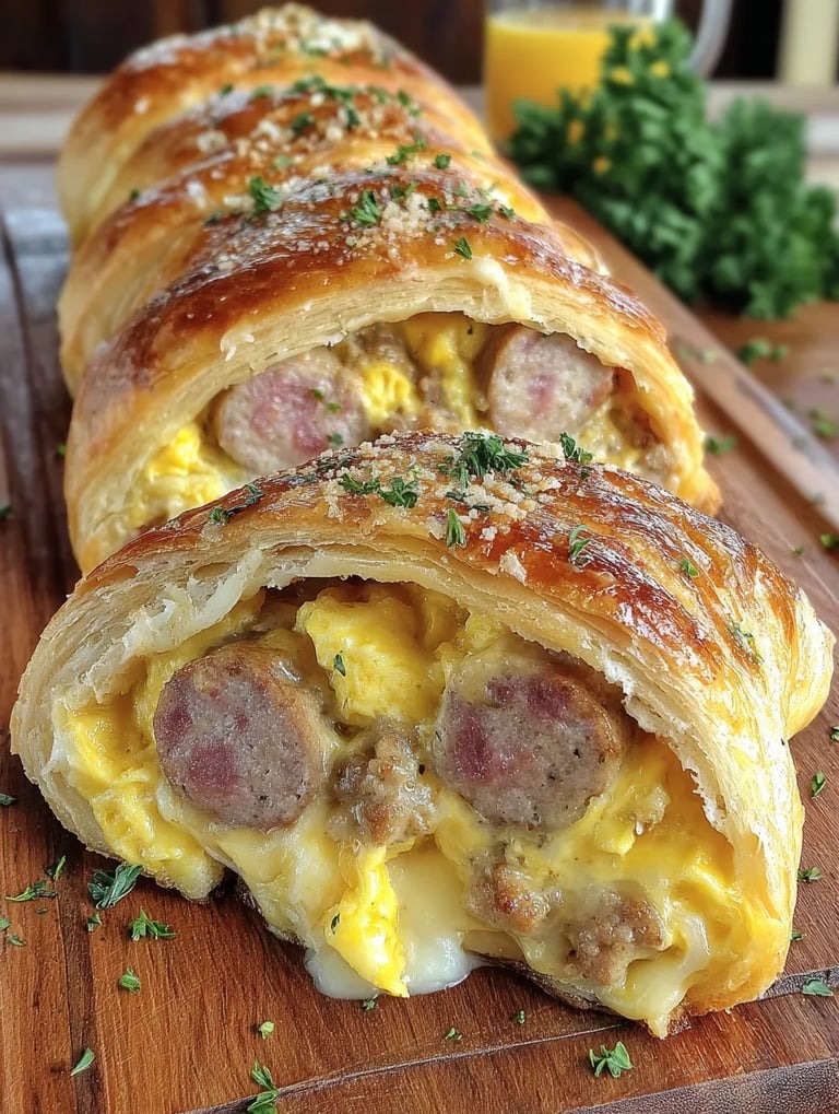 Ein St&uuml;ck K&auml;sekuchen mit K&auml;se, Eiern und Wurst darin.