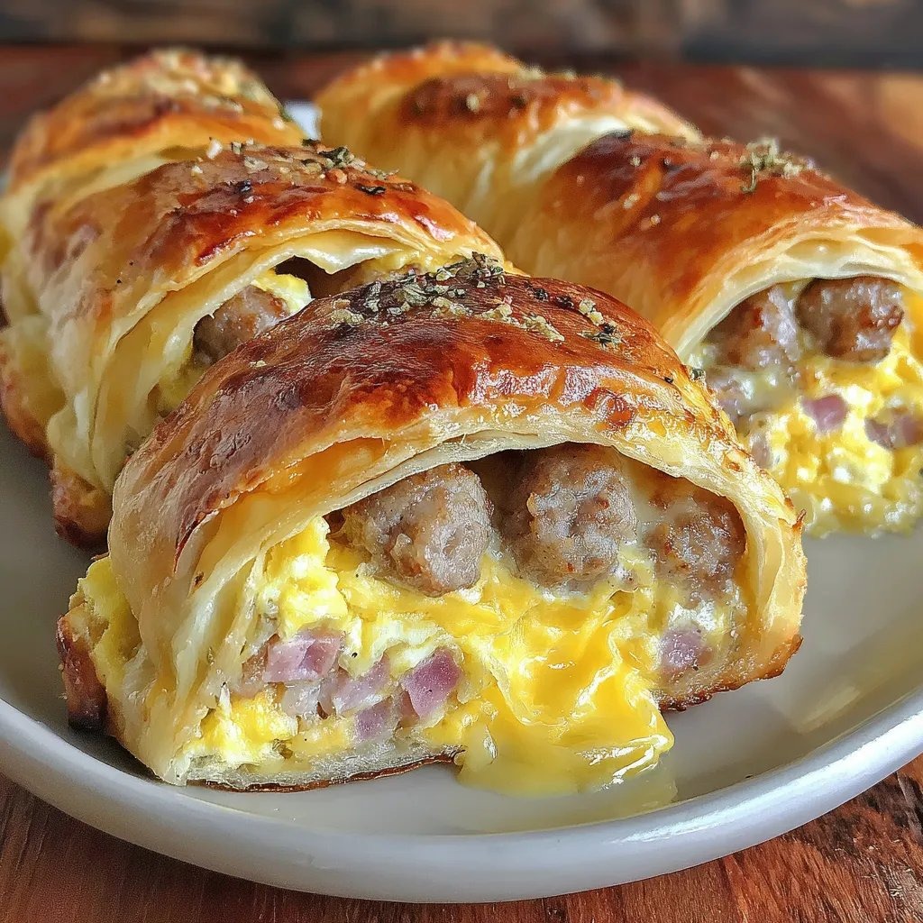 Ein wei&szlig;er Teller mit einer Rolle Sausage, die in eine Rolle K&auml;se eingewickelt ist.