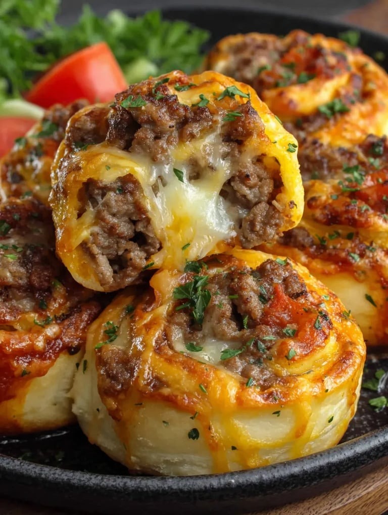 Eine Platte mit verschiedenen Meatballs, die in Pasta-Dough gehüllt sind.