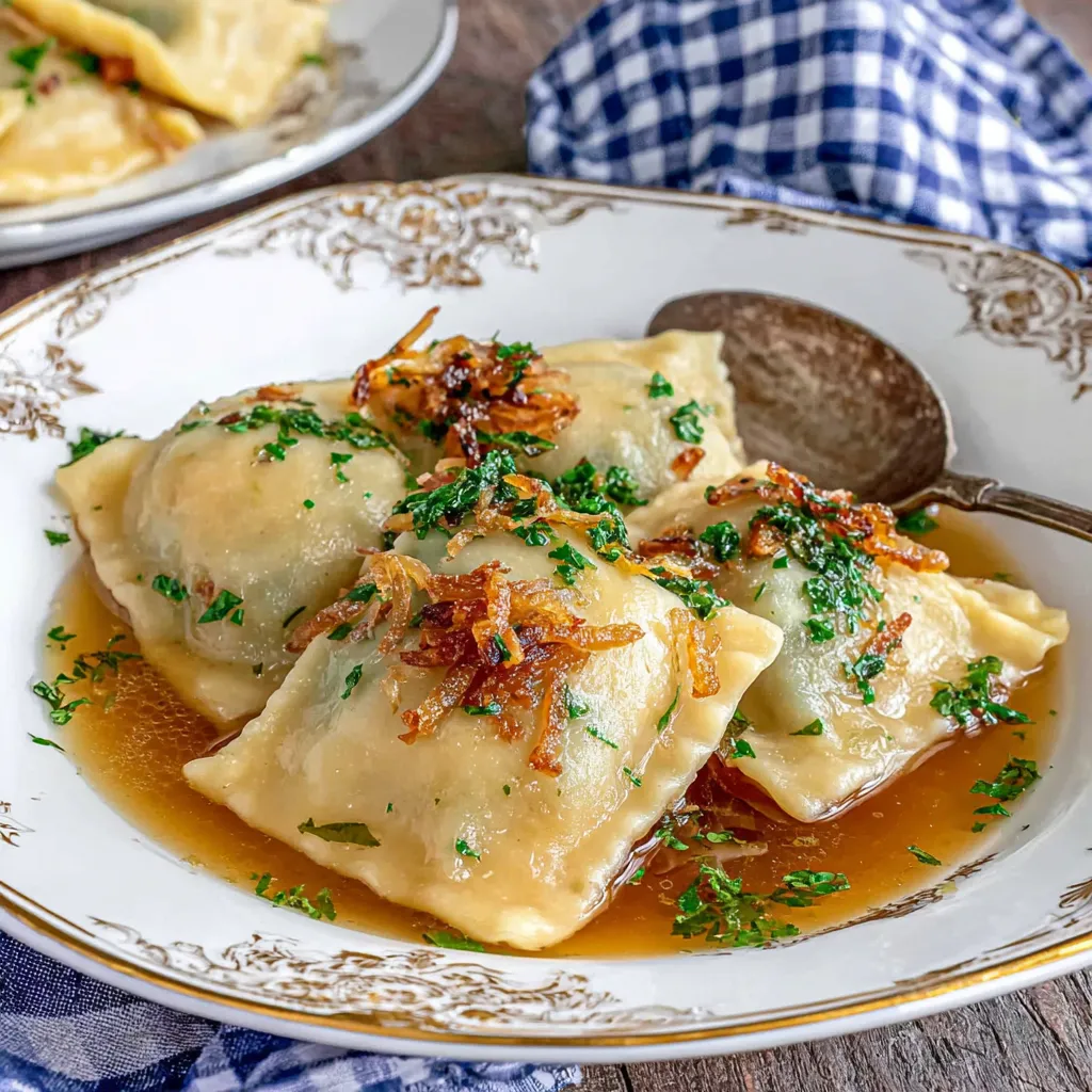 Ein weißes Plate mit Pasta, die mit Zwiebeln und Zucker garniert ist.