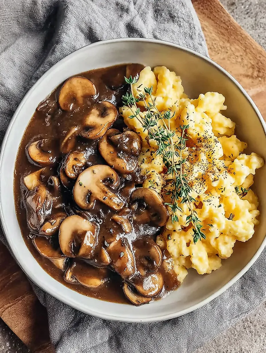 Ein weißer Teller mit Mushrooms und Yellow Grits.