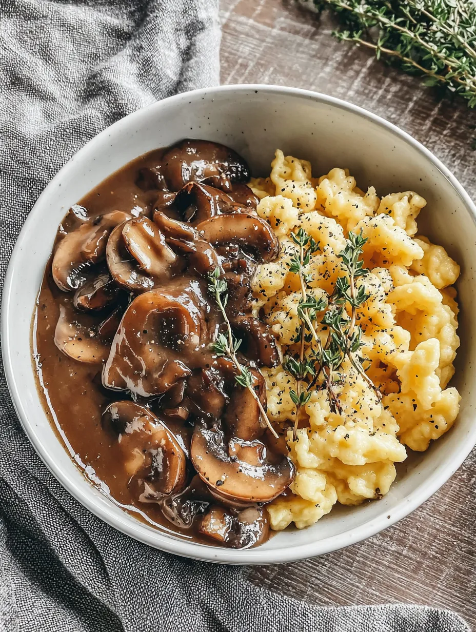 Ein weißer Teller mit Mushrooms, Yellow Grits und Parsley.