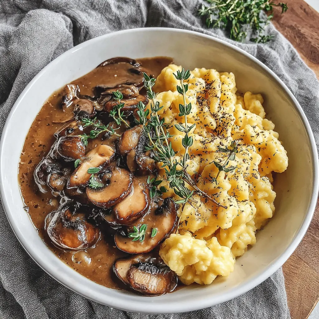 Ein weißer Teller mit einer Mischung aus Mushrooms, Yellow Grits und Parsley.