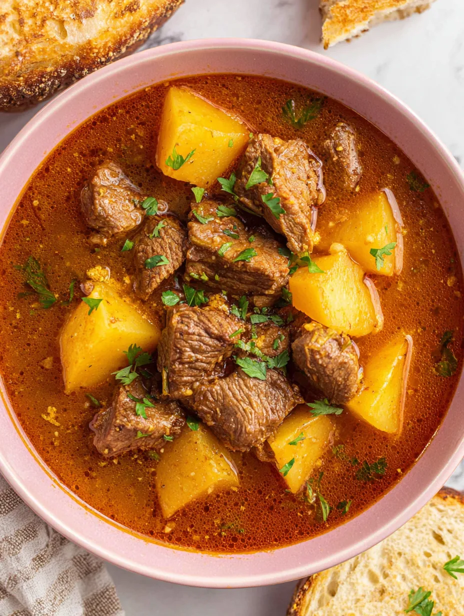 Ein Sch&uuml;ssel mit Rindfleisch, Kartoffeln und Zwiebeln.