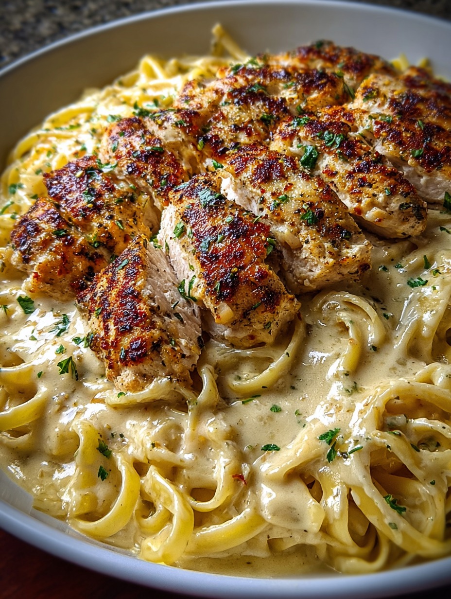 Ein Bild von einer Pasta-Garnitur mit Zwiebeln und Chicken.