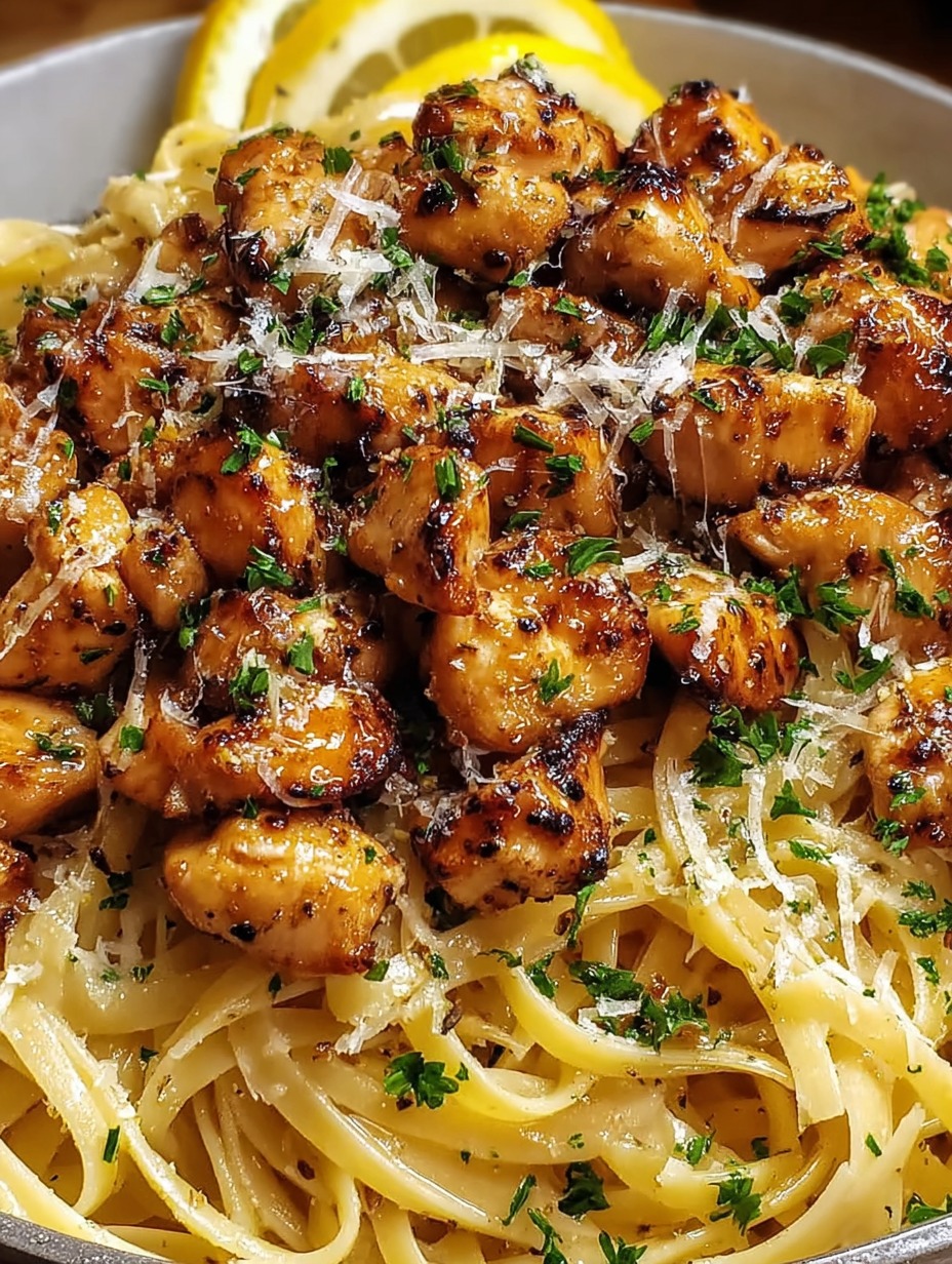 Eine Schüssel mit Pasta, Chicken und Parmesan.