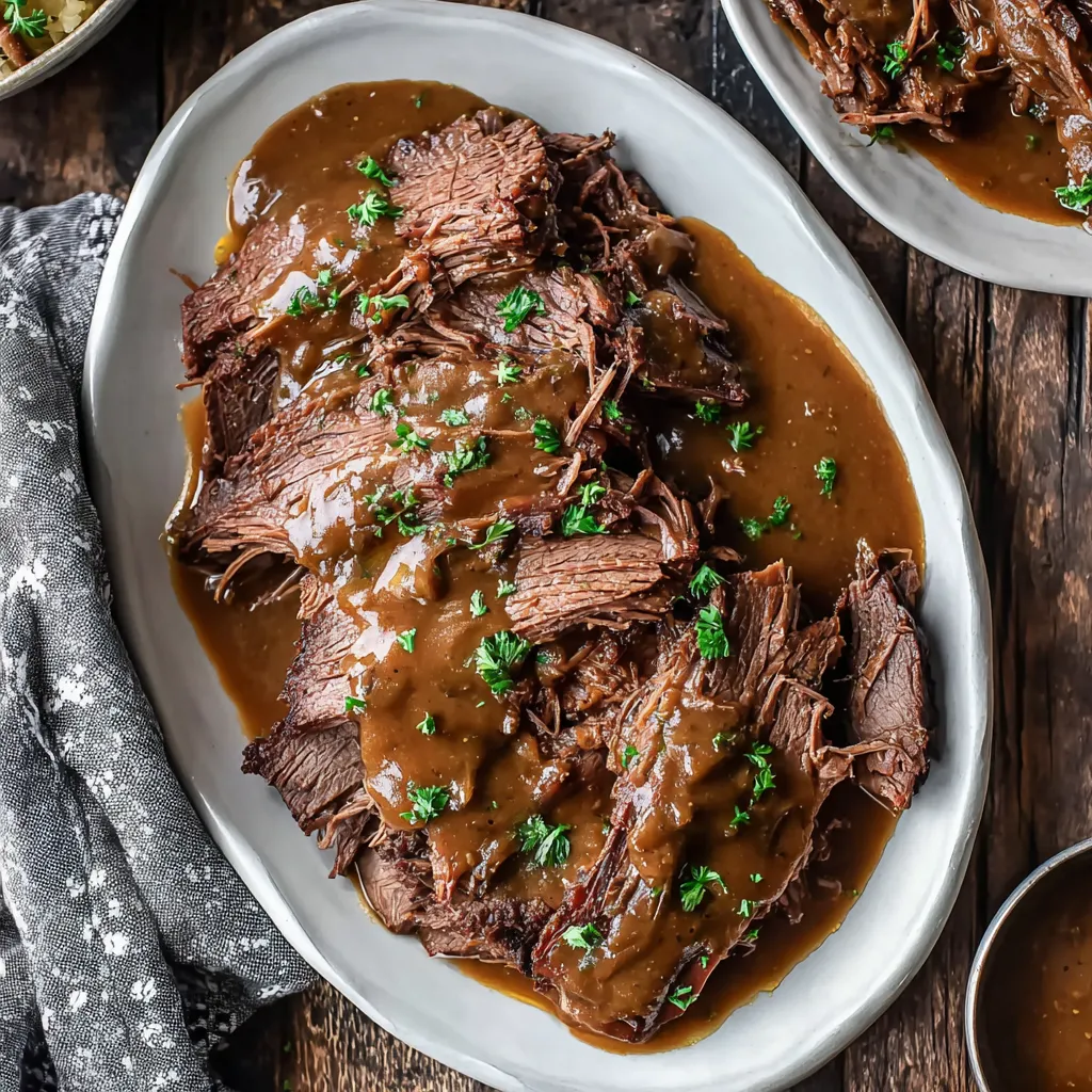 Ein Schüssel mit gravy belegten Steaks auf einem Tisch.