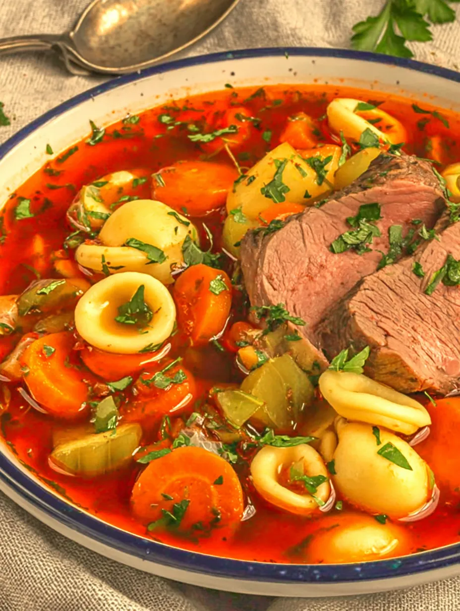Ein Bild von einer Schüssel mit einer Mischung aus Fleisch, Gemüse und Nudeln.