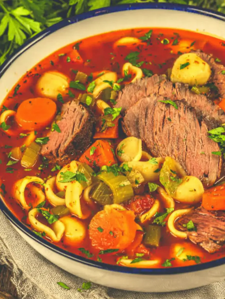 Ein Bild von einer Schüssel mit einer Mischung aus Fleisch, Kartoffeln, Zwiebeln und Karotten.