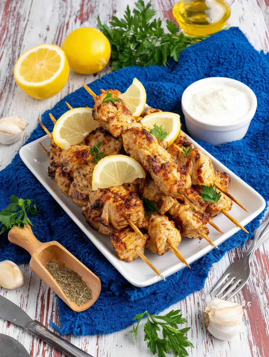 Eine Platte mit grillierten Chicken-Sticks, die mit Zitrusfrüchten wie Zitronen und Limetten garniert sind.