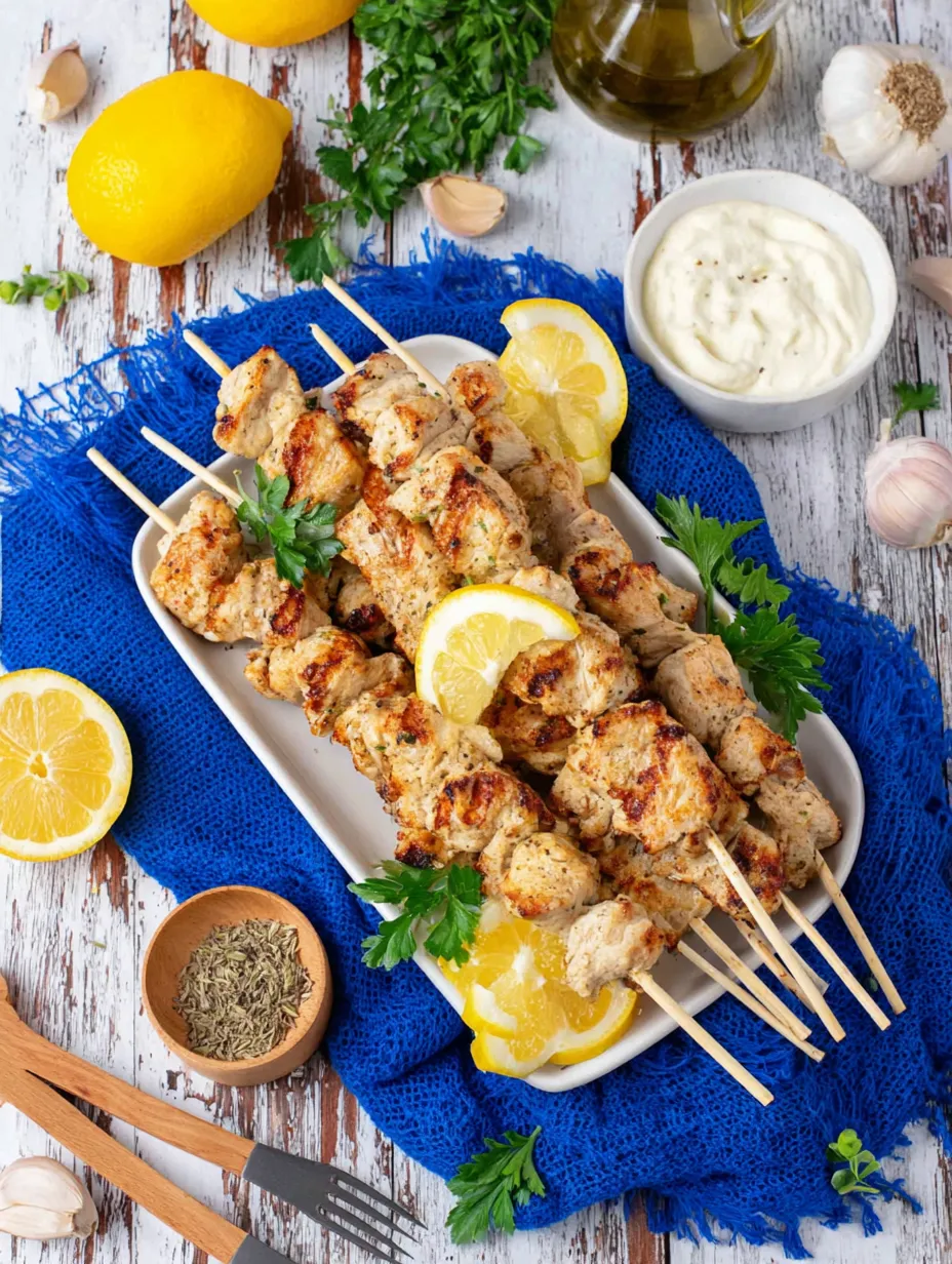 Eine Platte mit grillierten Fleischsticks, die mit Zitrusfrüchten und einer Sauce garniert sind.