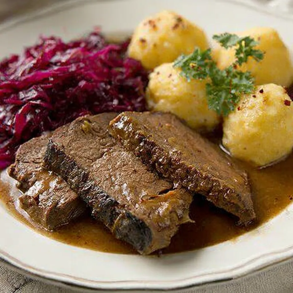 Ein Plate mit gegrilltem Fleisch, Kartoffeln, Sauerkraut und Käse.
