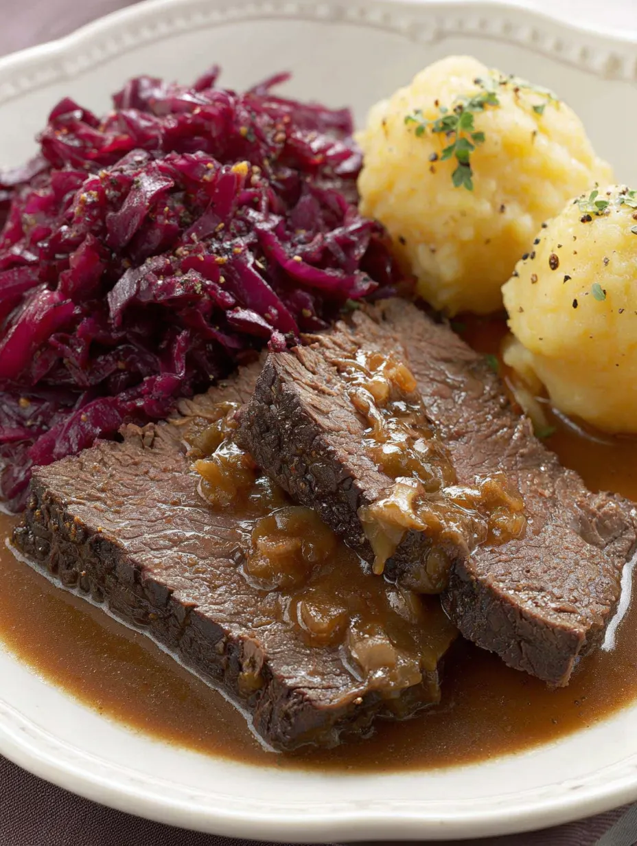 Eine Tafel mit einer Portion Rindfleisch, Sauerkraut und Kartoffeln.